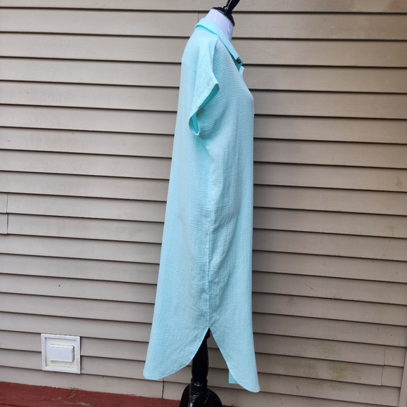 Mint Green Long Dress Muslin Style Button-Up Dolman Short Sleeves - Picture 9 of 12